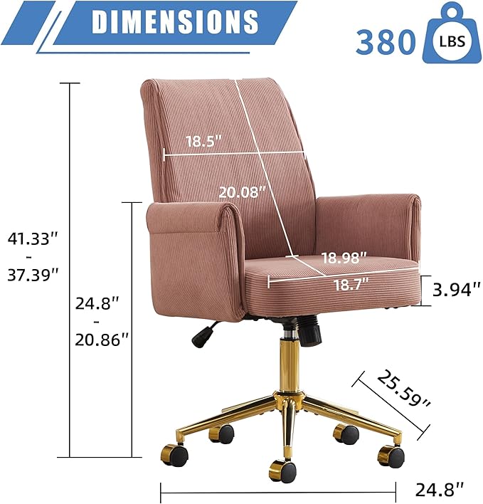 YITAI Stripes Velvet 360°Swivel Desk Chair, Modern Height Adjustable Home Office Armchair with Gold Base and Wheels for Vanity, Comfy Computer Chair for Study Living Room Bedroom（Rose Red）