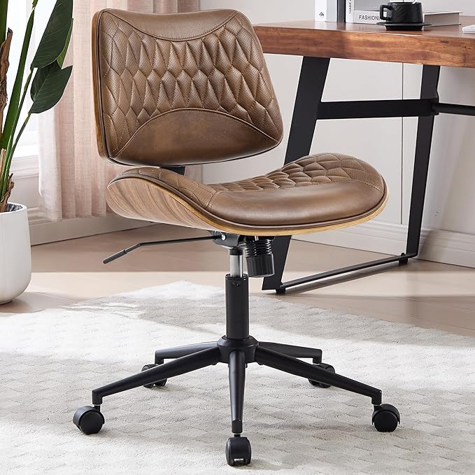 Walnut Bentwood Mid Back Armless Office Chair 1 Pack, Adjustable Height PU Leather Swivel Desk Chair with Wheels, Rolling Computer Task Chair for Home Office, Study, Meeting Room