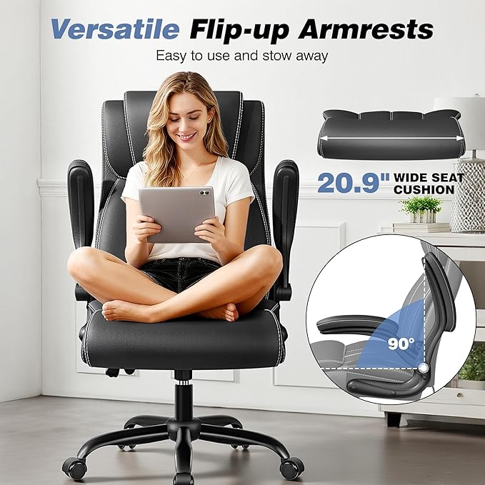 Ergonomic Office Chair - Desk Computer Chair, Leather High Back Executive Chairs with Adjustable Lumbar Support & Flip Up Arms, Black 10 Pack