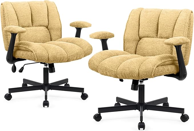 Criss Cross Legged Office Chair with Flip-Up Arms and Wheels, Wide Seat Desk Chair with Built-In Dynamic Airbag Lumbar Support, Modern Cross-Leg Chair for Home Office, Apartment, Vanity, Yellow