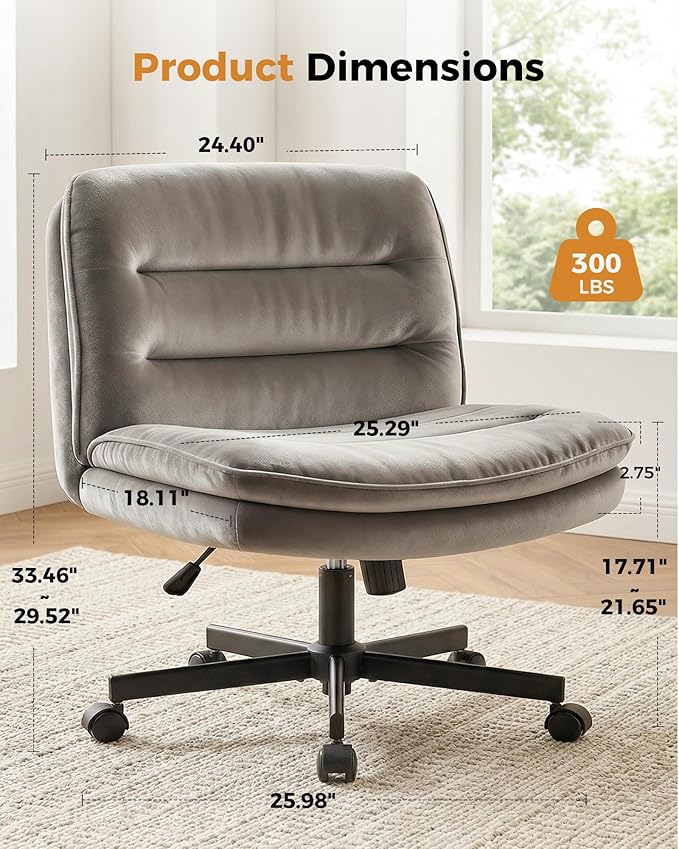 COMHOMA Criss Cross Office Chair with Wheels Armless Desk Chair Comfy, Modern Vanity Chair for Home Bedroom, Comfortable Wide Seat for Lower Back Pain Relief, Soft Velvet, Gray