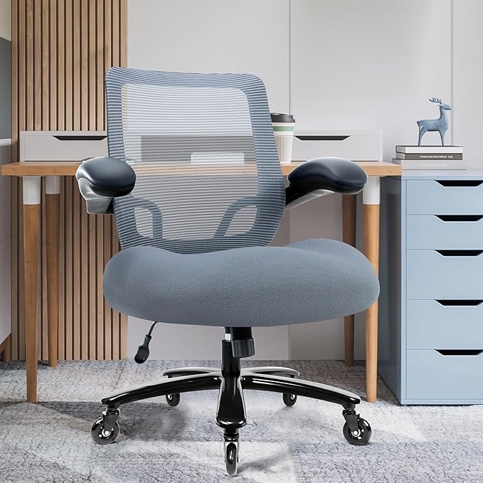 500LBS Big and Tall Office Chair with Flip-Up Armrests, Heavy Duty Office Chair for Heavy People, Memory Foam Seat Filling Springs, Grey