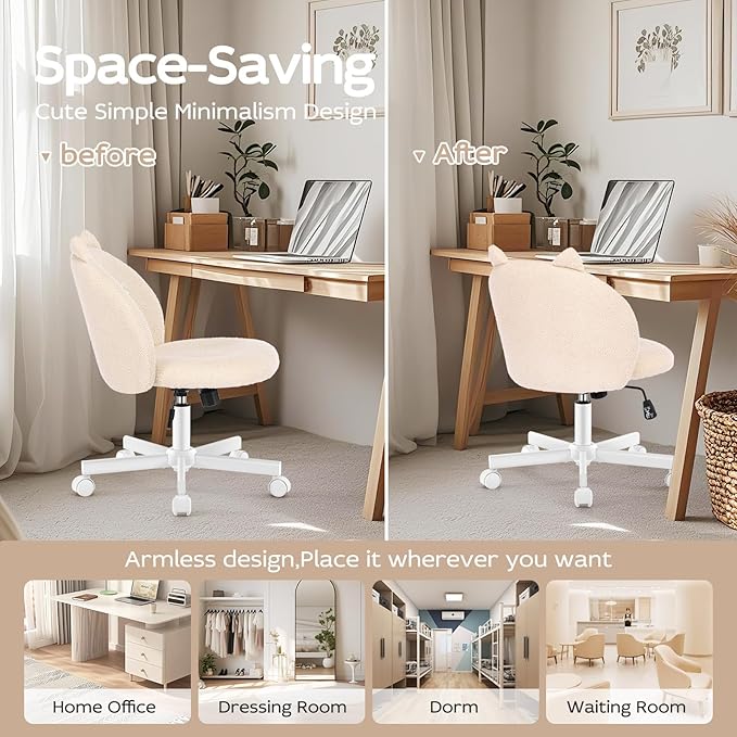Vanity Chair with Cat Back,Armless Desk Chair Cute Small Office Chair,Teddy Fabric Computer Chair with Adjustable Height,120°Tilting,Rolling,Swivel for Vanity,Kids Room,Office,Bedroom Beige