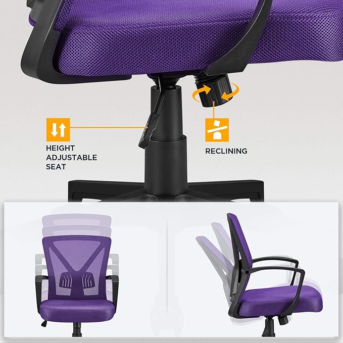 Yaheetech Mesh Office Desk Chairs Ergonomic Task Chairs with Adjustable Lumbar Support Mid Back Swivel Chair Purple