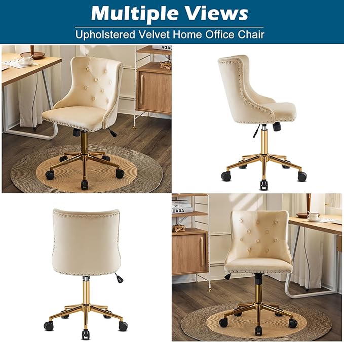 VINGLI Beige Velvet Armless Home Office Desk Chair with Gold Base/Wheels, Small Cute Vanity/Makeup Chair with Back for Bedroom, Upholstered Adjustable Rolling Swivel Nail Chair for Women/Girls