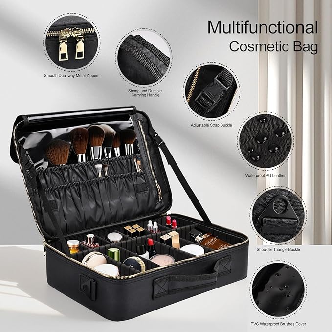 Large Travel Makeup Case, Professional Makeup Train Case Organizer, Portable Cosmetic Brush Bag Holder Waterproof Makeup Artist Storage Box with Adjustable Dividers and Shoulder Strap, Leather Black
