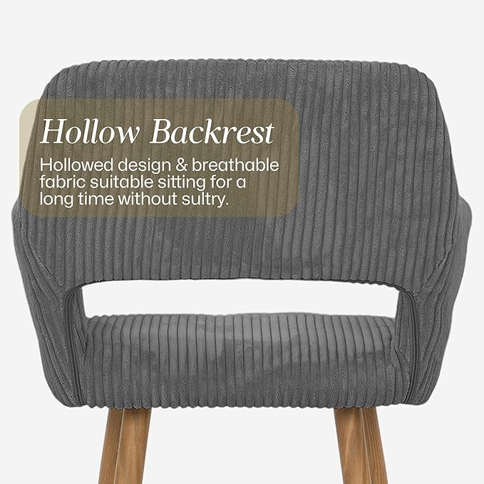 HENJIANYI Home Office Corduroy Desk Chair, Makeup Vanity Chair, Comfy Accent Armchair with Wood Grain Metal Legs, Cute Dining Chair with Hollowed Back, Dark Gray