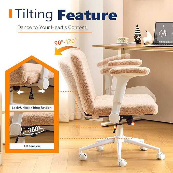 VINGLI Criss Cross Chair with Adjustable Flip-Up Arms,Cross Legged Chair with Wheels, Extra Wide Office Chair,Cozy Desk Chair for Home Office, Vanity, Apartment,Chenille Velvet,Orange