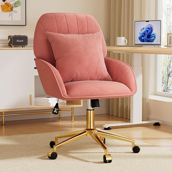 Home Office Desk Chair Comfy with Adjustable Swivel Wheels, Modern Velvet Makeup Vanity Chair with Back & Pillow, Ergonomic Office Chair Computer Task Chair for Living Room, Bedroom, Coral Red