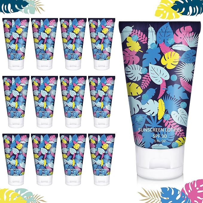 Loopeer 30 Pcs Mini Sunscreen Bulk Travel Size 1 oz Spf 30 Water Resistant Mini Sunscreen Lotion Hawaiian Tropical Leaves Summer Beach Party Favors Gifts for Summer Hawaiian Party Adult(Classic)
