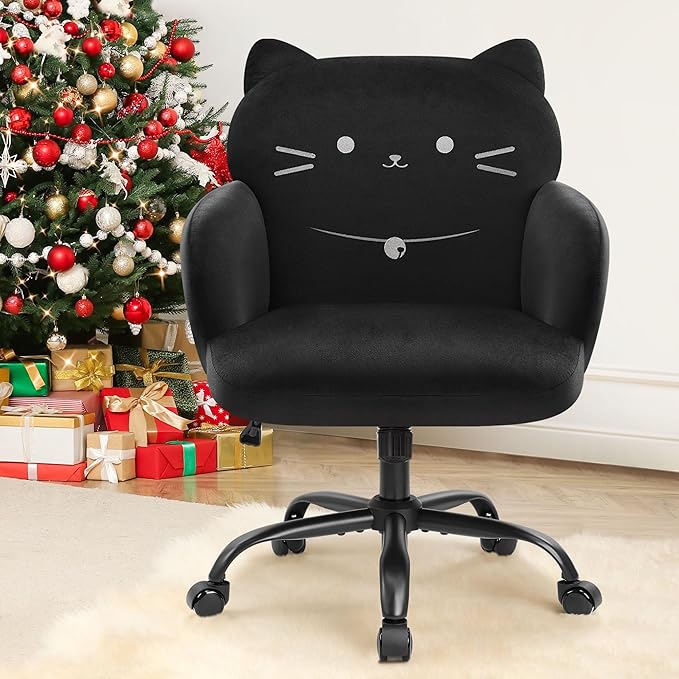IWMH Home Office Chair Wide Seat Desk Chair Cute Velvet Swivel Vanity Chairs Cat Themed Computer Task Chairs with Wheels Upholstered Modern Accent Armchair for Living Room Bedroom Study Makeup Black