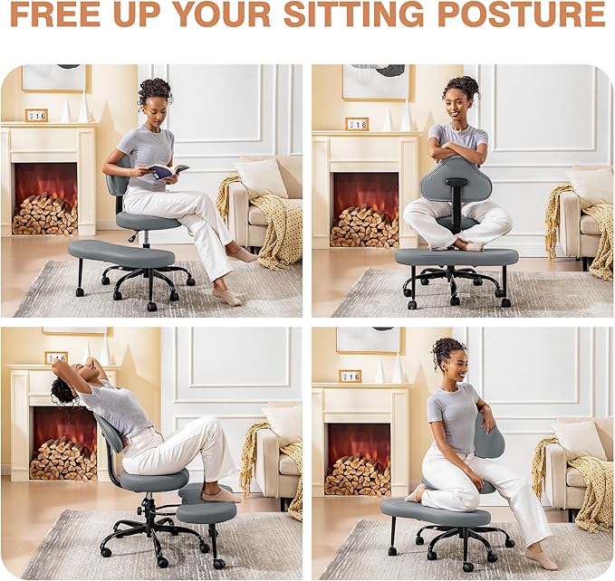 Cross Legged Office Chair, Criss Cross Desk Chair ADHD Meditation Kneeling Yoga Seat with Adjustable Height, Lumbar Support, Wider Footrest and Wheels (Dark Gray)