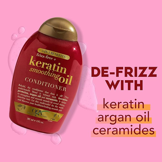 OGX Frizz-Free + Keratin Smoothing Oil Conditioner, 5 in 1, for Frizzy Hair, Shiny Hair, RED, 385 ml (Pack of 2)
