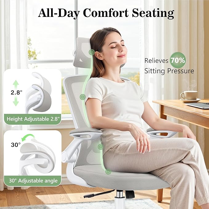 Office Desk Chair, Ergonomic Mesh Office Chair with Adjustable Lumbar Support, Headrest, Flip-up Armrests, Comfortable Computer Chairs for Home, Work, Gaming, (Light Gray, 8 Pack)