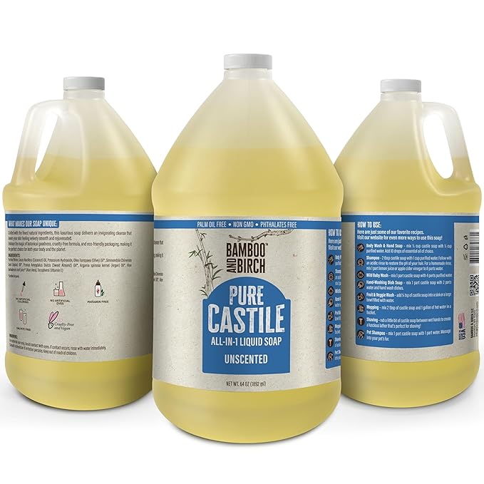 BAMBOO AND BIRCH Pure Castile Soap Liquid, Certified Palm Oil Free Natural Soap, Unscented, 1 Gallon