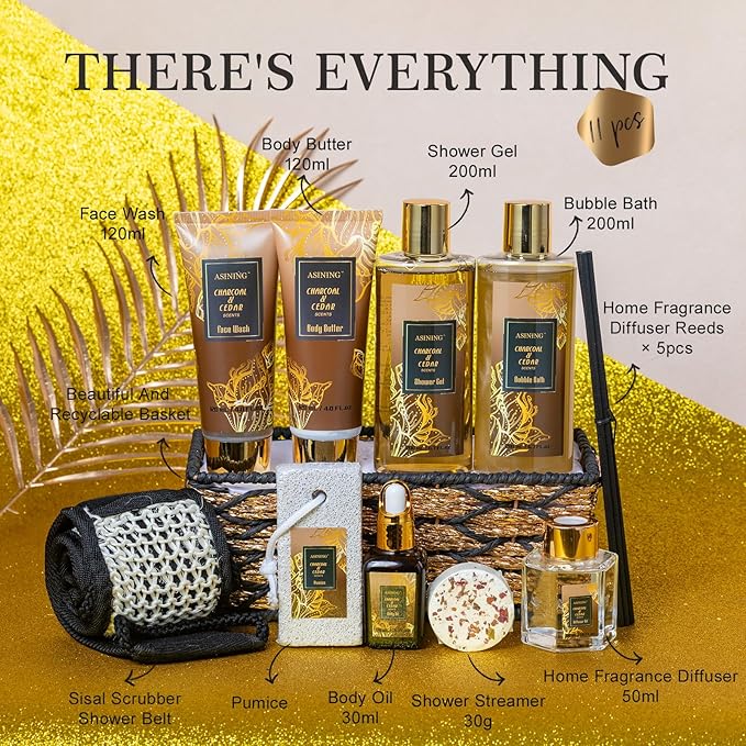 Spa Set for Women & Mens Gift, Relaxing Gifts for Men, Father's Day Gifts for Men Dad with 14PCS Charcoal & Cedar Scents Spa, Includes Bubble Bath, Shower Gel, Body Butter, Spa Kit for Mans Gift Set