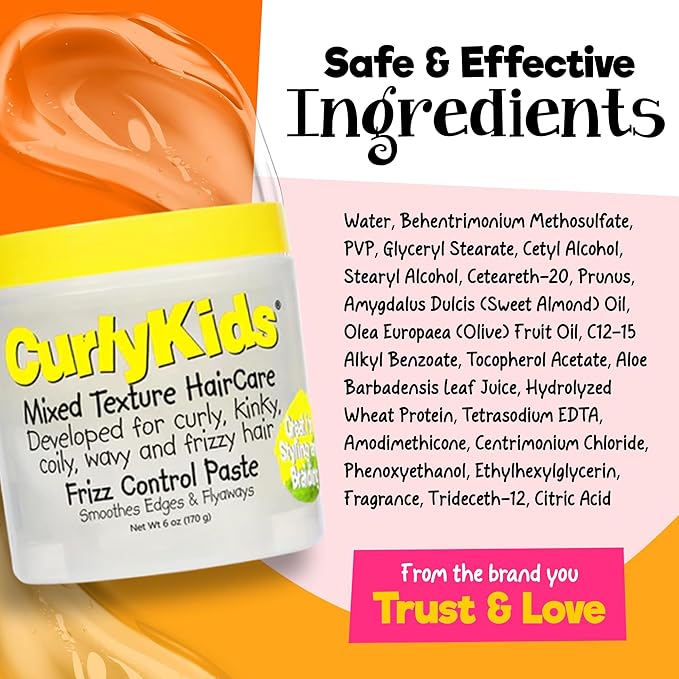 CurlyKids Frizz Control Paste - Anti-Frizz Styling Paste for Curly, Kinky, Coily & Mixed-Texture Hair - Smooth Edges, Tame Flyaways, Maximum Moisture, No Sticky Residue Formula for Kids Haircare, 6oz