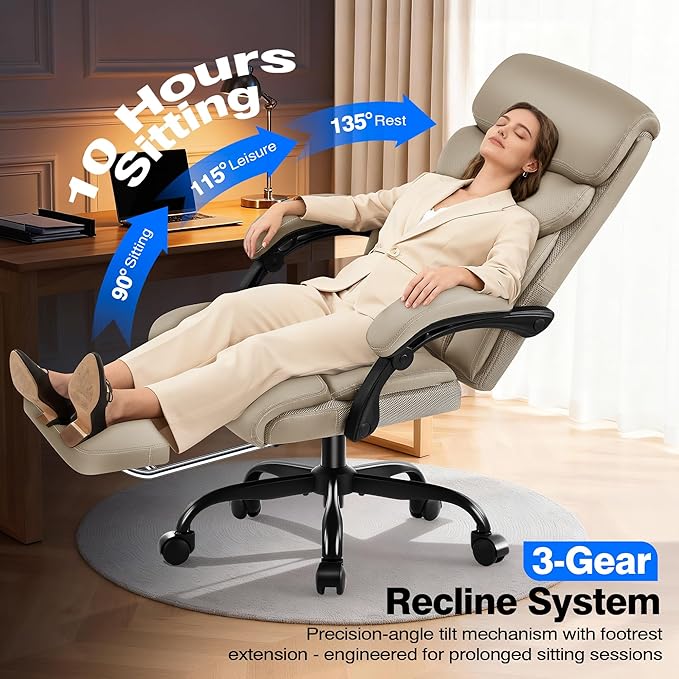 AreShark Office Chair - Ergonomic Comfortable High Back Computer Desk Chair with Foot Rest - Executive Breathable Swivel Rolling Reclining Leather Chair with Lumbar Support for Home Gaming Relaxing