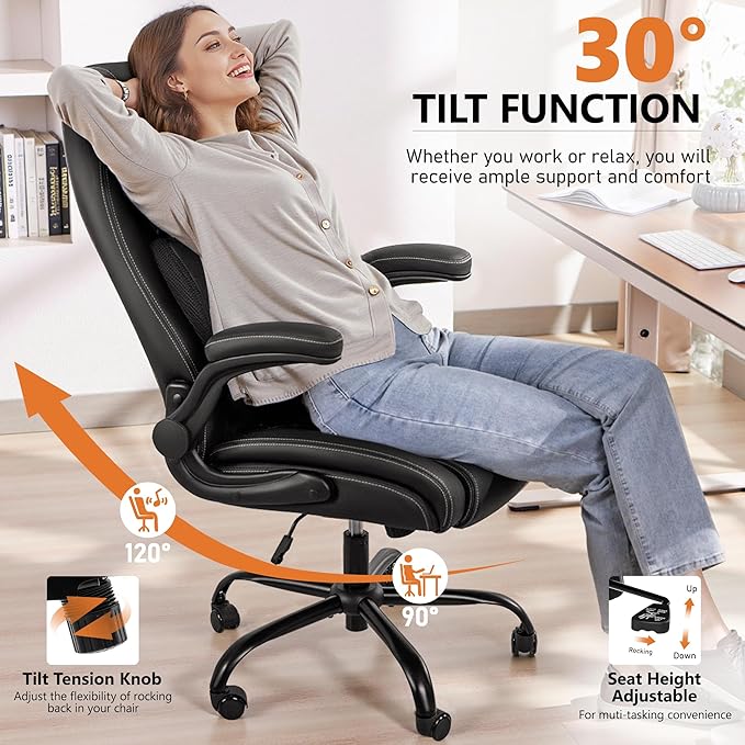Office Chair,Ergonomic Office Chair with Lumbar Support for Lower Back Pain Relief, Executive Leather Chair with Padded Flip-up Arms, Wheels and Adjustable Armrests, Black Pack of 6