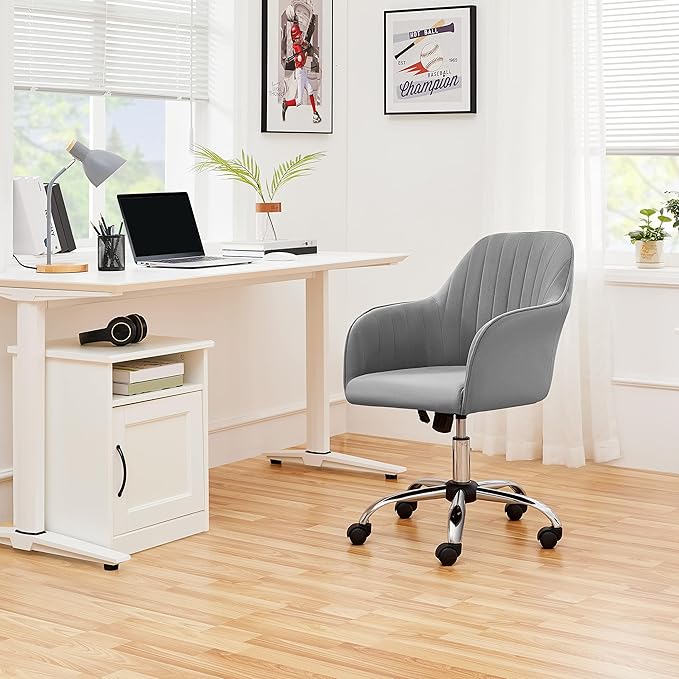 Yaheetech Modern Velvet Vanity Desk Chair Height-Adjustable Swivel Computer Armchair for Makeup Room Living Room Bedroom Light Gray