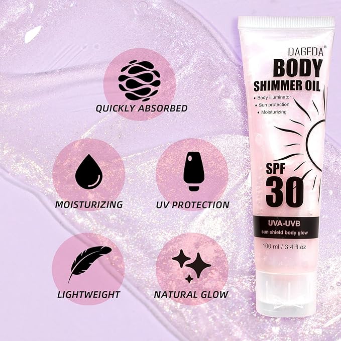 DAGEDA Body Glow Oil, SPF 30 Broad Spectrum Glitter Sunscreen, Lightweight, Non-sticky Sunscreen Body Shimmer, Sun Protection with Centella Asiatica Extract, UVA/UVB Protection, Rose 3.4 fl.oz