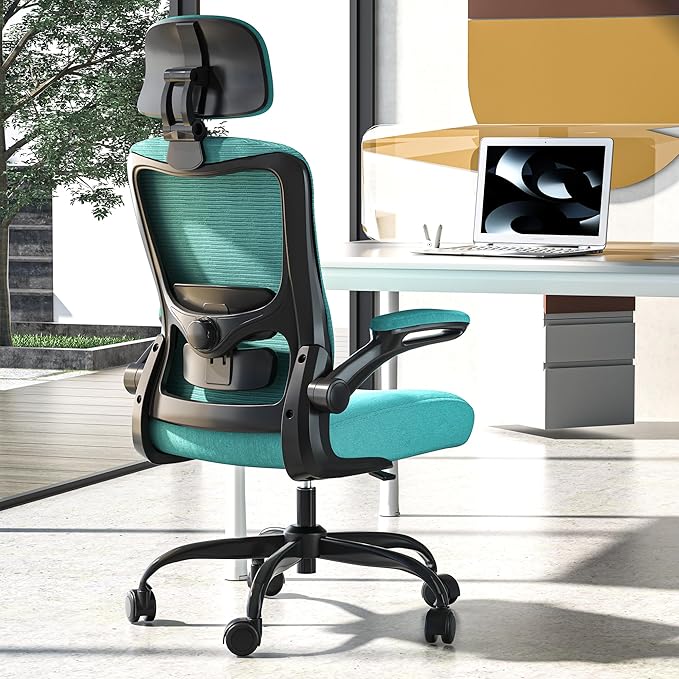 Ergonomic Office Chair, High Back Mesh Desk Chair with Adjustable Lumbar Support & Headrest, Flip-up Armrest, Computer Task Chairs for Home and Executive Office (B-Green)