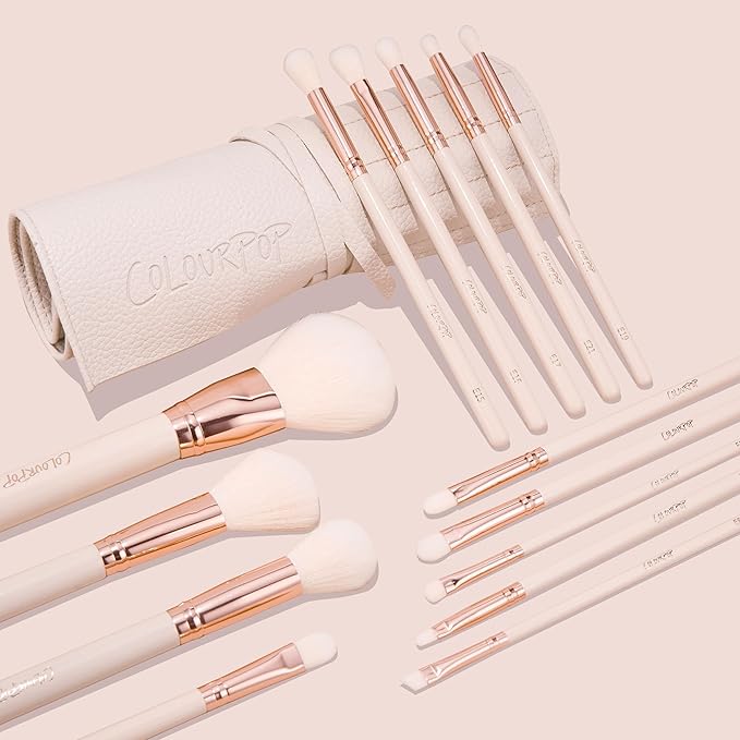 ColourPop Ultimate Brush Roll Face & Eye Brush Set - Face & Eye Makeup Brush Set - Made with Luxe Synthetic Vegan Bristles - Includes Faux-Leather Case (14 Count)