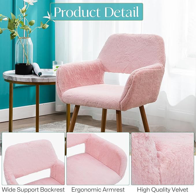 Home Office Faux Fur Desk Chair, Fluffy Makeup Vanity Chair, Comfy Accent Armchair with Wood Grain Metal Legs, Cute Dining with Hollowed Back, Pink