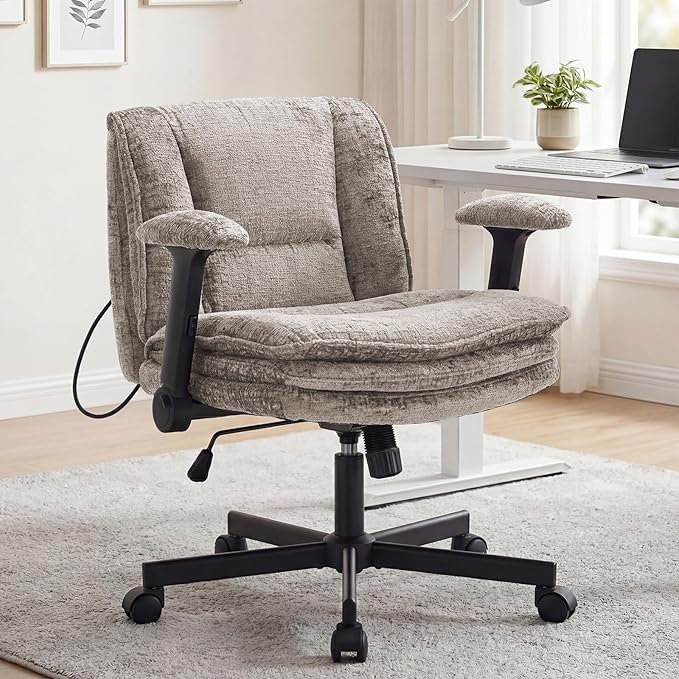 Criss Cross Chair with Wheels and Flip Arms, Upholstered Cross Legged Office Chair with 3 Layer Cushions&Dynamic Airbag Lumbar Support, Wide Seat Comfy Desk Chair for Home Office, Living Room, Khaki