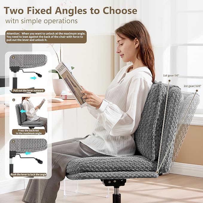 Fizzin Criss Cross Chair,Armless Cross Legged Chair with Wheels,Memory Foam Seat Office Desk Chair with Flipable Back Cushion,Mid Back Swivel Chair for Home Office,Bedroom Vanity (Grey)