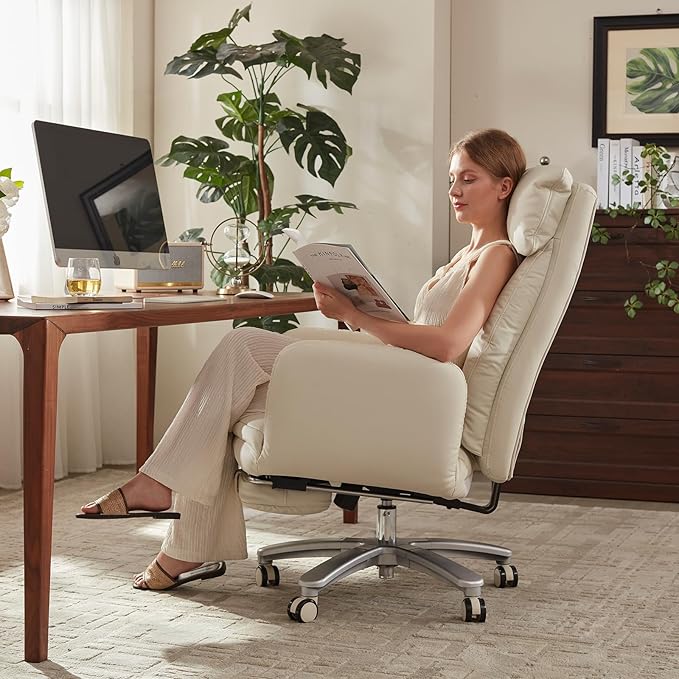 Cross Legged Office Chair with Pets Friendly Arms, Plus Size Criss Cross Desk Chair, Big and Tall Office Chair with Foot Rest, Reversible Armrests & Wide Seat, Cream White