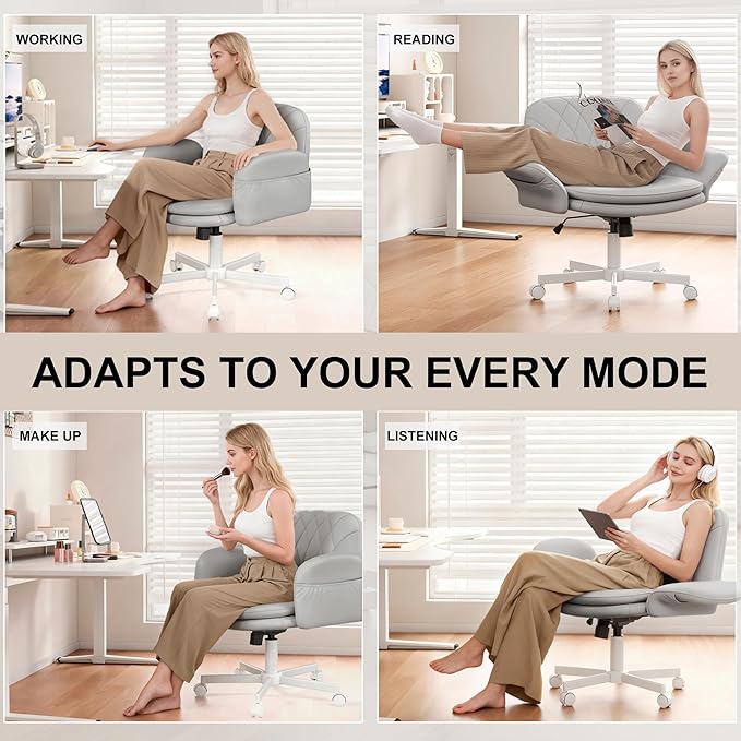 Misolant Criss Cross Chair with Armrests & Wheels for Cross-Legged Sitting, Comfortable PU Leather Vanity Chair, Office Desk Chairs with Adjustable Rocking Function, for Home, Bedroom Gray