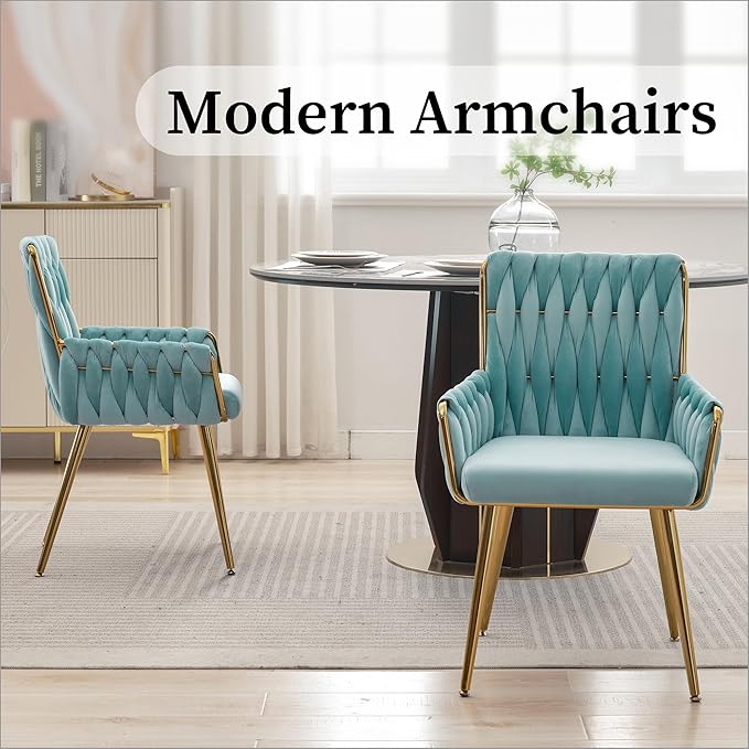 Westice Home Office Desk Chair, Upholstered Hand Weaving Desk Chairs with Golden Metal Legs & Armrest, Modern Accent Chairs for, Living Room, Vanity Makeup Room, Blue