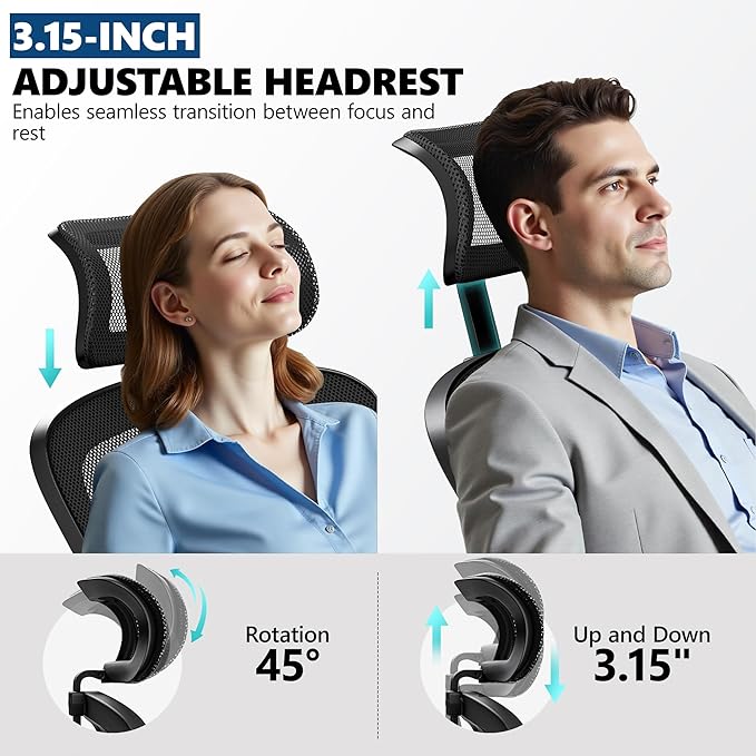 Ergonomic Office Chair, Mesh Desk Chair with Adjustable Headrest & Lumbar Support, Rolling Computer Chair with Flip-up Armrests, Comfy Swivel Home Office Chair for Long Hours - Black