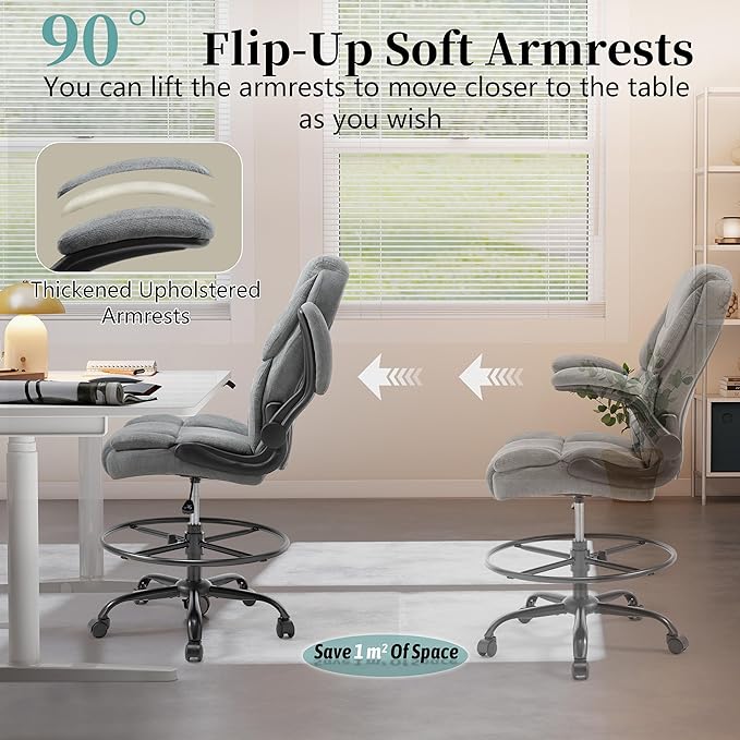 Ergonomic Drafting Chair, Tall Office Chair for Standing Desk, High Back Standing Desk Chair with Flip-Up Armrest, Adjustable Height & Foot Ring, Executive Fabric Extended Height Office Chairs, Grey