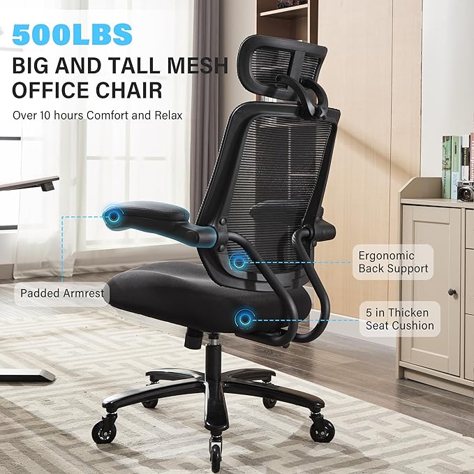 500lbs Big and Tall Office Chair - Heavy Duty Mesh Ergonomic Desk Chair with Headrest, High Back Computer Chair - Flip-up Armrests, Wide Thick Seat Cushion, Quiet Wheels, Black