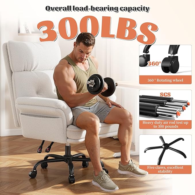 Criss Cross Chair with Armrests & Wheels for Cross-Legged Sitting，Ergonomic Computer Gaming Chair with Two Side Pockets，Teddy Plush Wide Seat Reclining Desk Chair for Home,Office,Beige