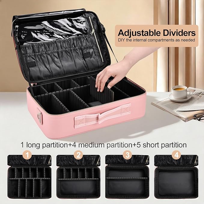 Travel Makeup Bag with Brush Holder, Professional Cosmetic Train Case Organizer, Portable Travel Makeup Brush Carry Case Artist Storage Box with Adjustable Dividers and Shoulder Strap, Leather Pink