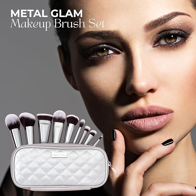 Professional Makeup Brush Set – 9 Piece Vegan Brushes with Carry Pouch | Soft Dense Bristles for Liquid, Cream & Powder | Lightweight Aluminum Handles Makeup Brushes For Daily Makeup Routine