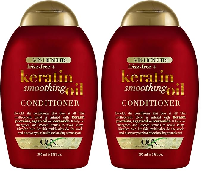 OGX Frizz-Free + Keratin Smoothing Oil Conditioner, 5 in 1, for Frizzy Hair, Shiny Hair, RED, 385 ml (Pack of 2)