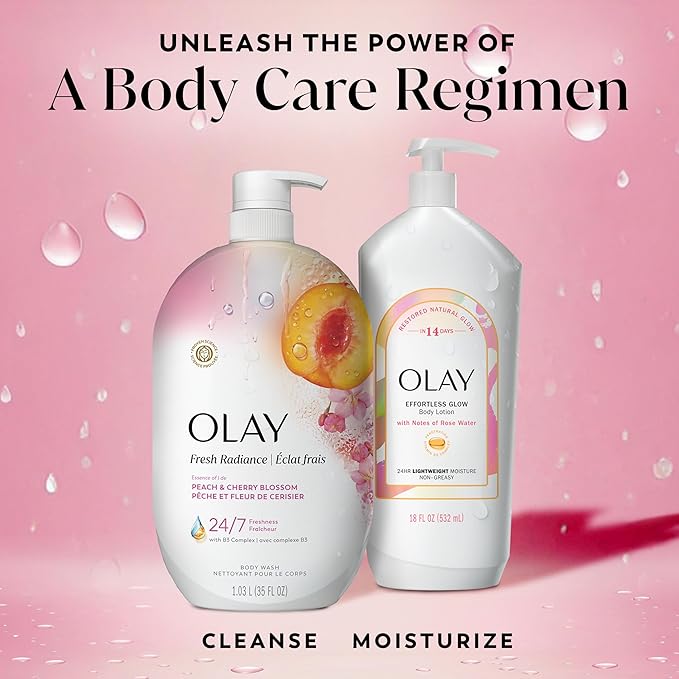 Olay Body Wash for Women, Fresh Radiance, 24/7 Skin-Loving Freshness, Visibly Radiant, Plant Based Cleansers, Vitamin B3 & Antioxidant Blend, For All Skin Types, Peach & Cherry Blossom Scent, 35 fl oz