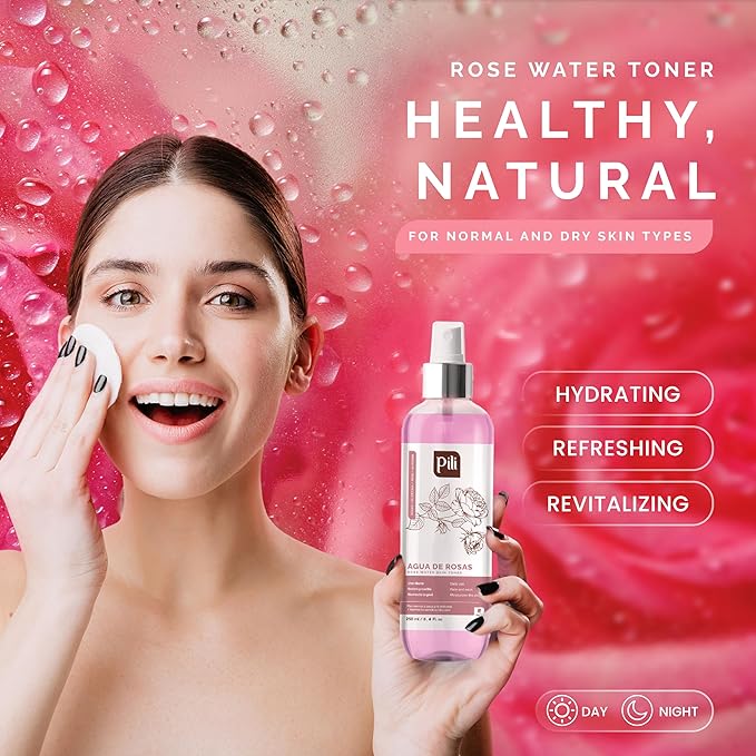 PILI Rose Water, Facial Toner for Sensitive Skin. Refreshes, Tones and moisturizes with The Softness of The Natural Extract of Roses and Glycerin. 8.4 oz