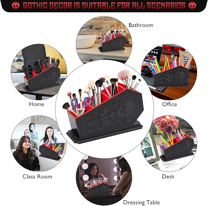 Gothic Coffin Decor Makeup Brush Holder,Spooky Witchy Gifts for Women,Skull Cosmetic Display Cases,Goth Decor Pen Holder, Vanity, Desk, Office Organizer for Christmas Bedroom Bathroom (Red)