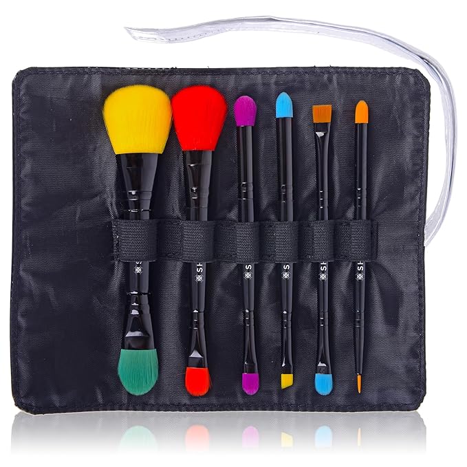 SHANY Vegan Makeup Brushes - LUNA - 6 PC Double Sided Travel Make up Brushes with 12 unique Bristles sides - Brush storage Pouch - Synthetic Cosmetics Brush