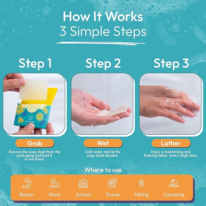 FOMIN - Antibacterial Paper Soap Sheets for Hand Washing - (200 Sheets) Lemon Portable Travel Soap Sheets, Dissolvable Camping Mini Soap, Portable Hand Soap sheet