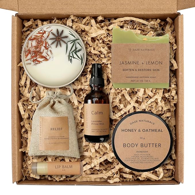 Bath Gift Set, Spa Gifts for Women, Self Care Products for Women, Jasmine & Lemon Soap Bar, Calm Pillow Mist, Bath Bomb & Shower Steamer, Body Butter and Lip Balm