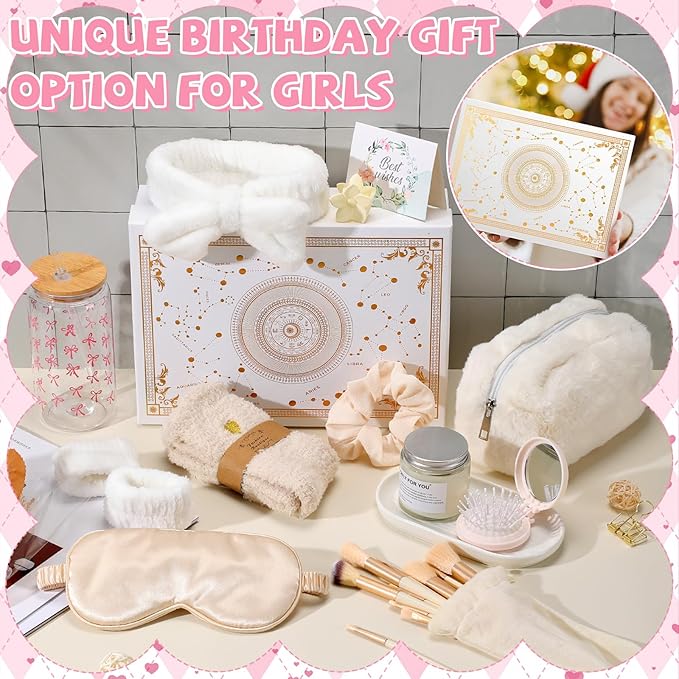 15 Pcs Birthday Gifts for Women Robe Sets for Women Spa Basket Set Graduation Gifts Bath Robe Make up Brushes Scented Candle Fluffy Socks Coffee Cup for Mom Nurse Girlfriend Wife(Champagne)