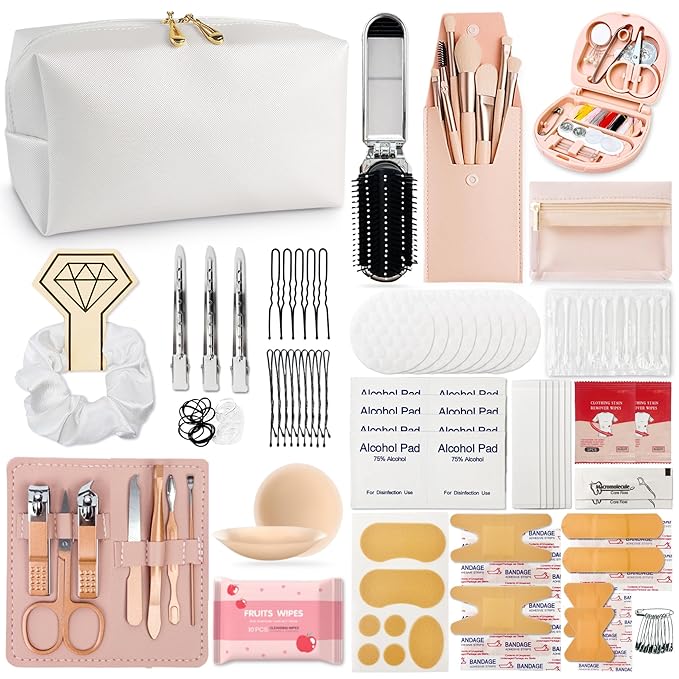 Women's Wedding Emergency Travel Kit 45 Essential Items for Brides Bridesmaid All-In-One Daily Beauty Style Set With Makeup Brushes (Bianca Luxe)