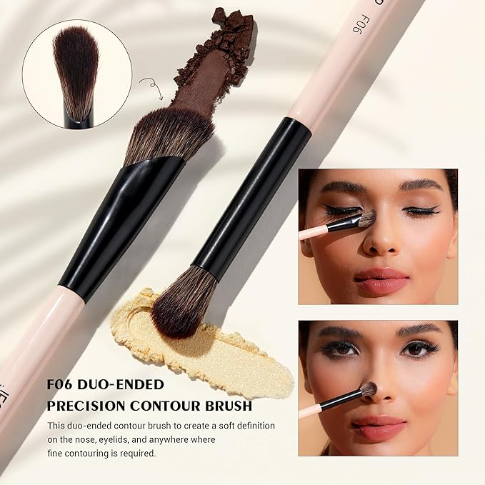 Jessup Face Makeup Brushes 3pcs Double Ended Makeup Brush Set for Foundation Contour Blush Highlight and Powder, Premium Synthetic Make up Brushes Peach Dust T508