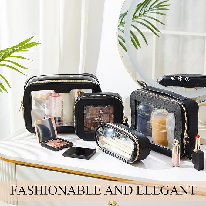 4 Pcs Leather Clear Makeup Bags Set for Women Travel Clear Cosmetic Case Toiletry Bags with Zipper Makeup Brush Case Waterproof Organizer Storage for Women Men Travel Accessories, 4 Sizes(Black)